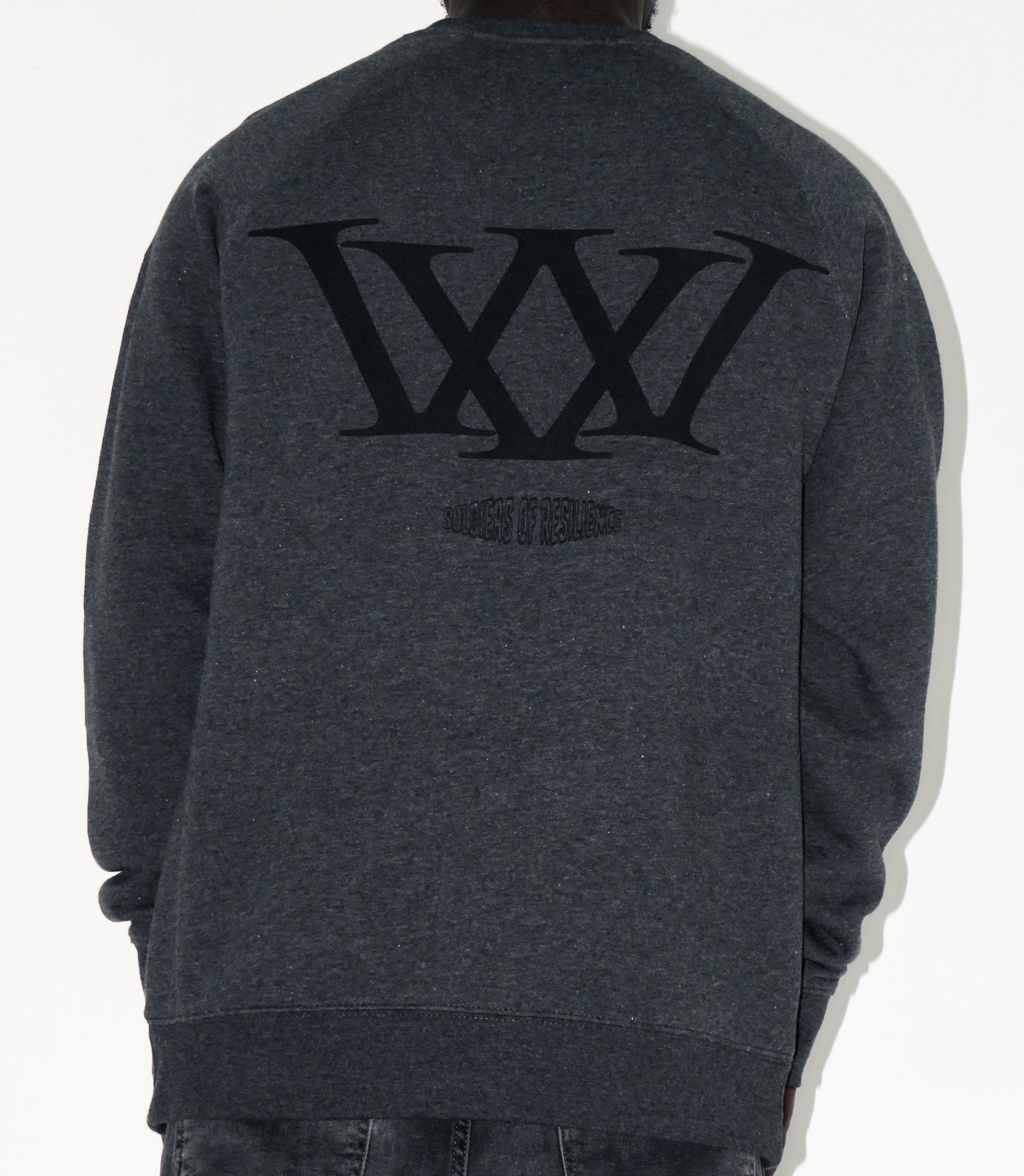 Dark gray sweatshirt with 'XXI' logo on the back, worn by a person.