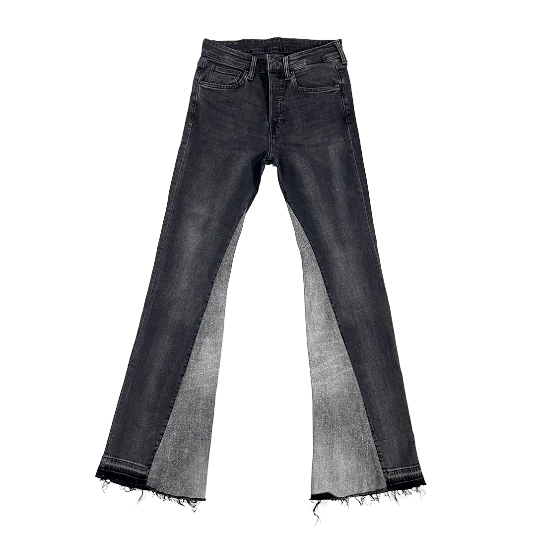 Black flared jeans on a white background