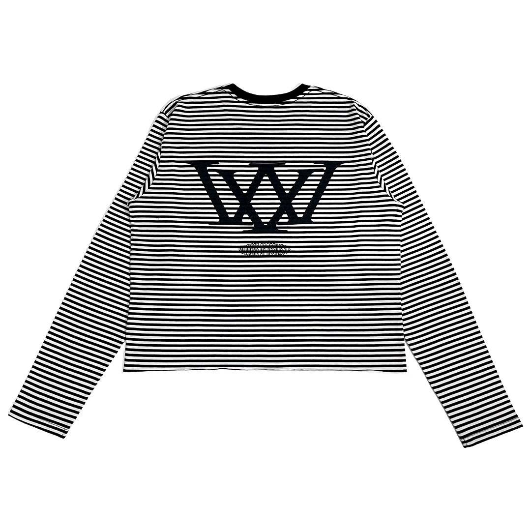 Black and white striped long-sleeve shirt with a logo on a white background