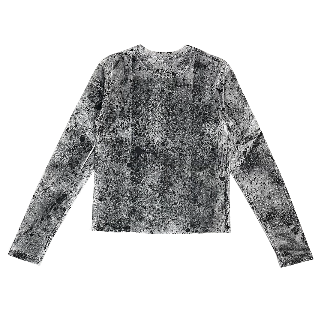 Black and white patterned long-sleeve tee on a white background