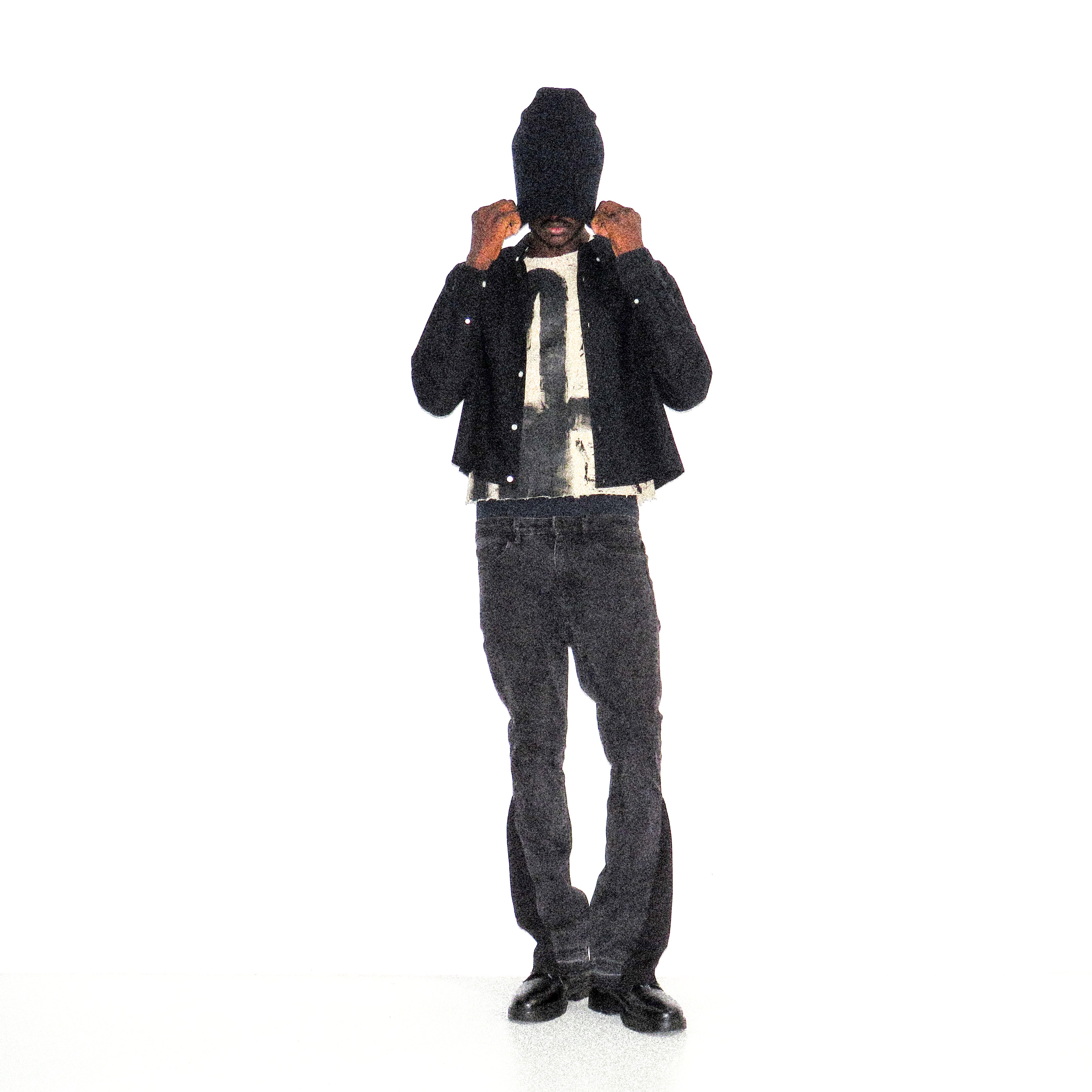 Person wearing a black jacket, white shirt, and dark jeans on a white background
