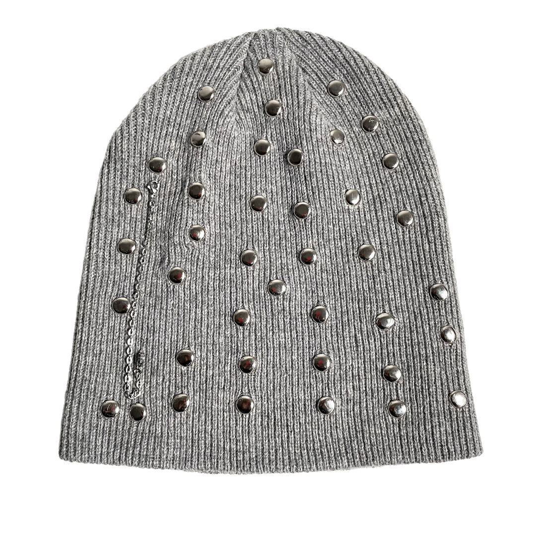 Gray knit beanie with silver studs on a white background