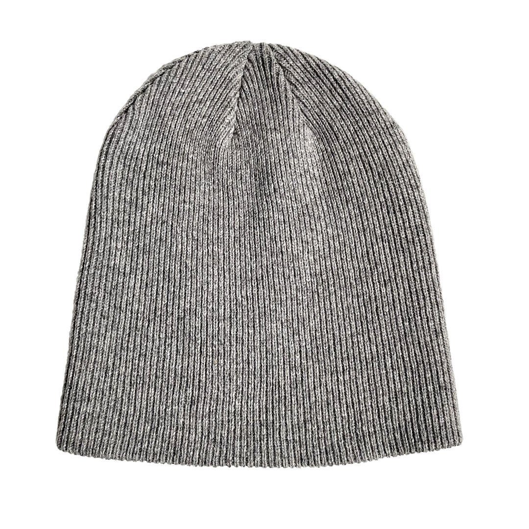 Gray knit beanie on a white background