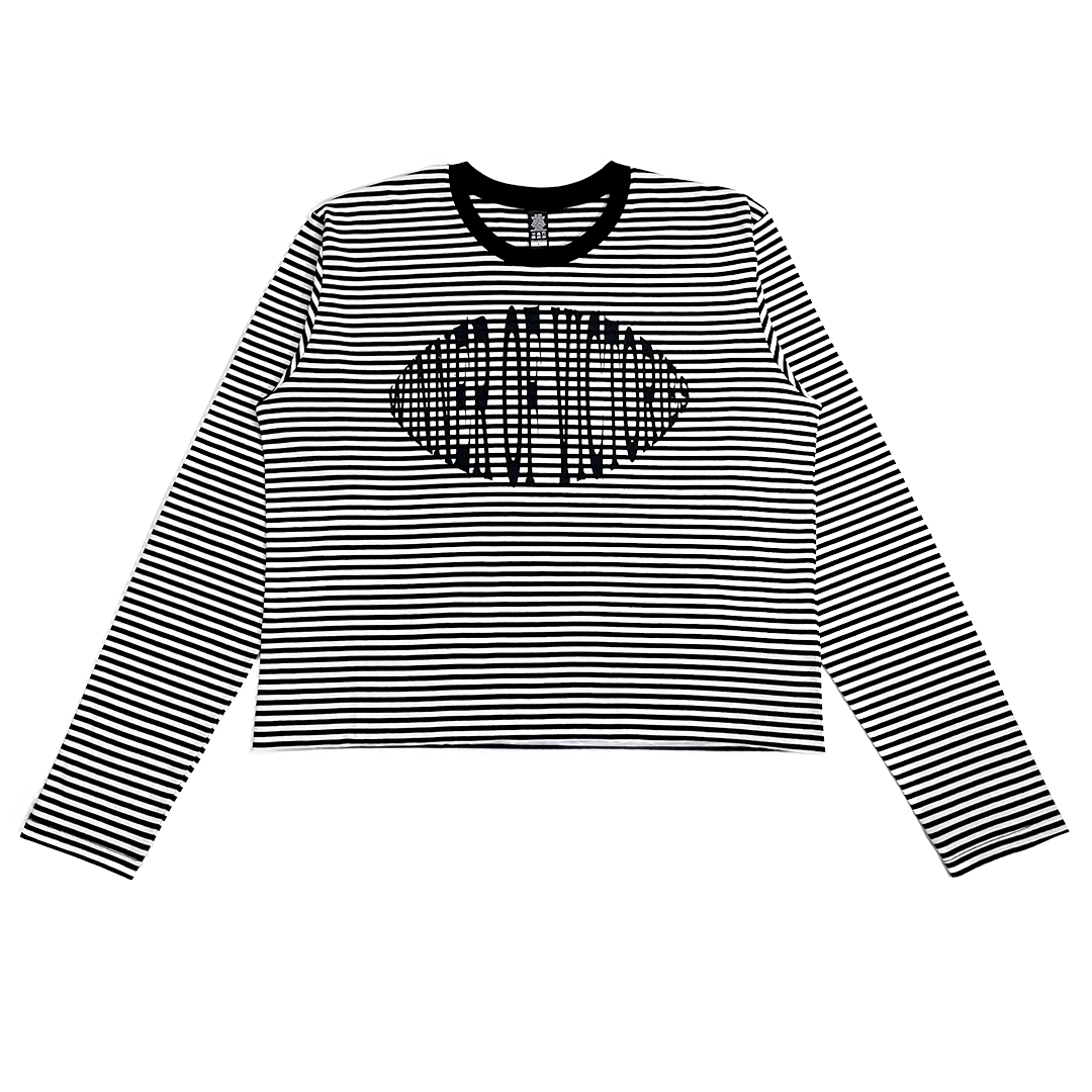 Black and white striped long-sleeve T-shirts with a heart design on a white background