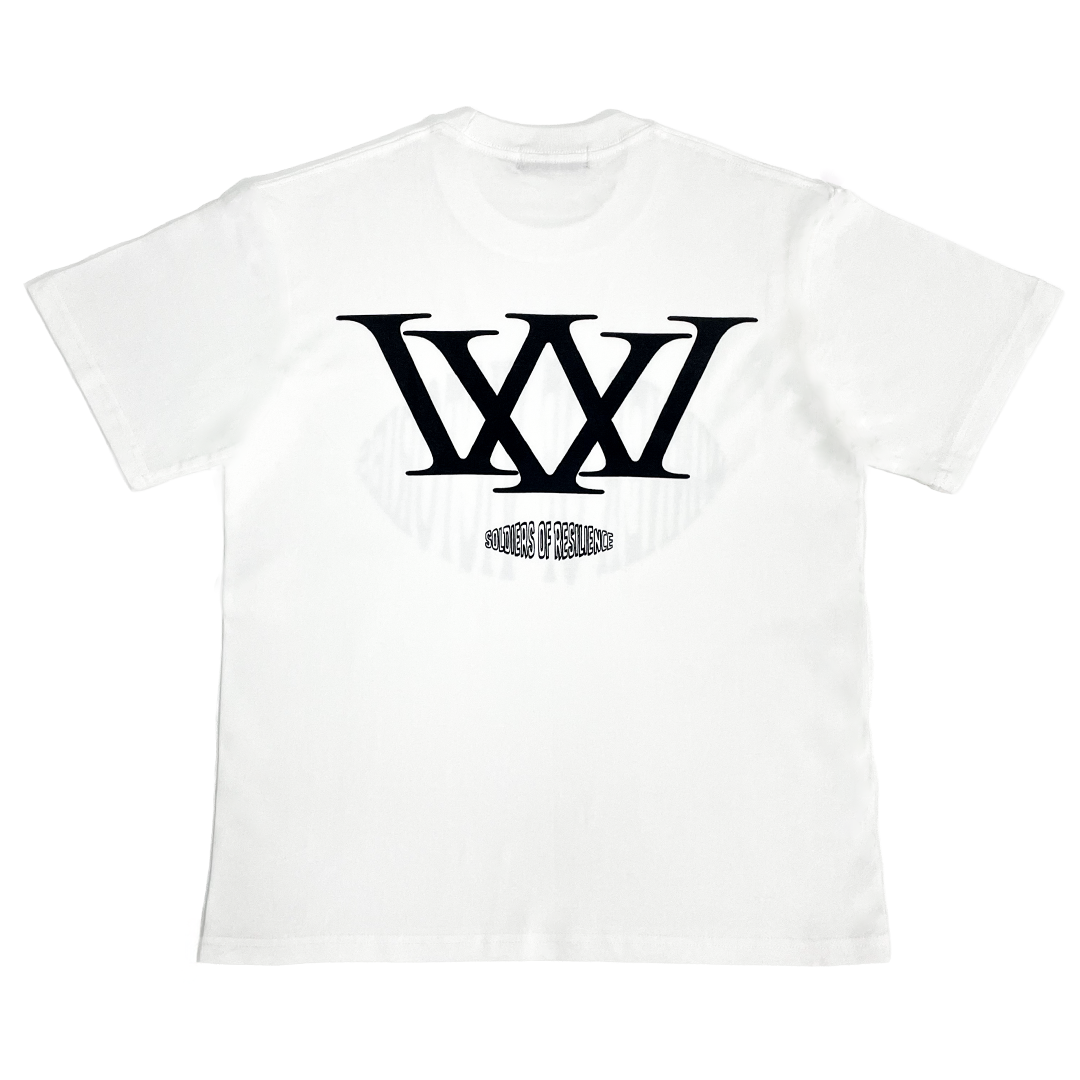 White t-shirt with black logo on a white background