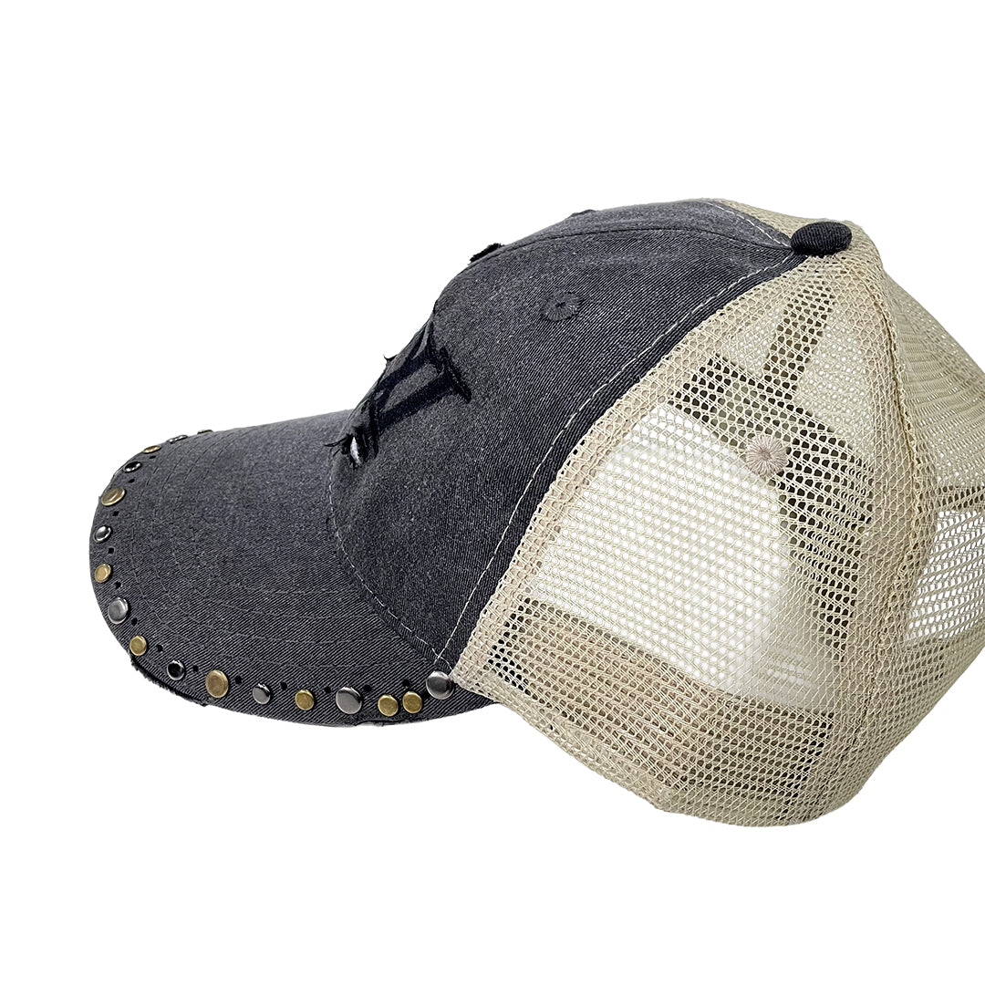 Black baseball cap with mesh back on a white background