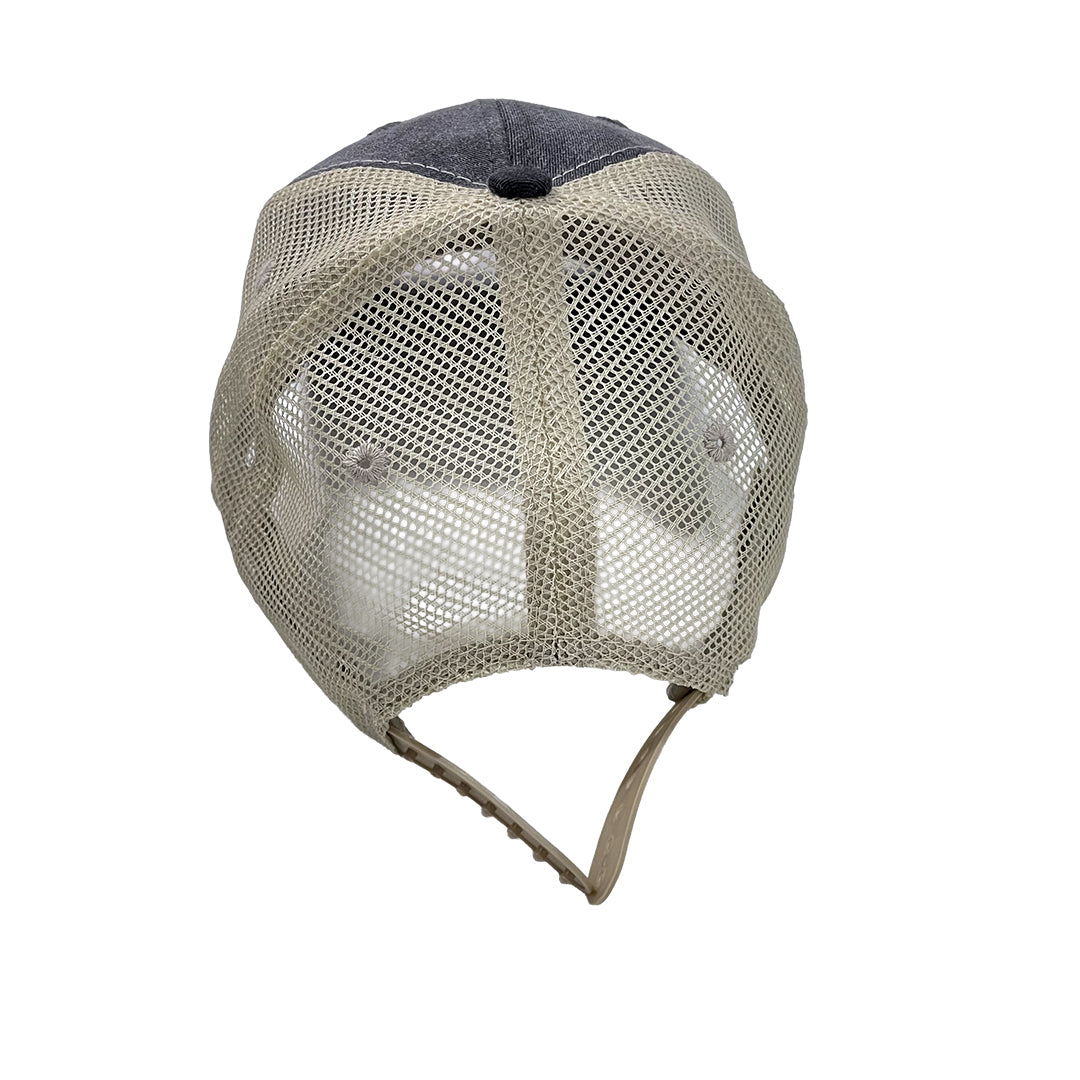 Mesh cap with denim top on a white background