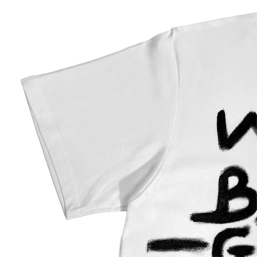White t-shirt with black text on a white background