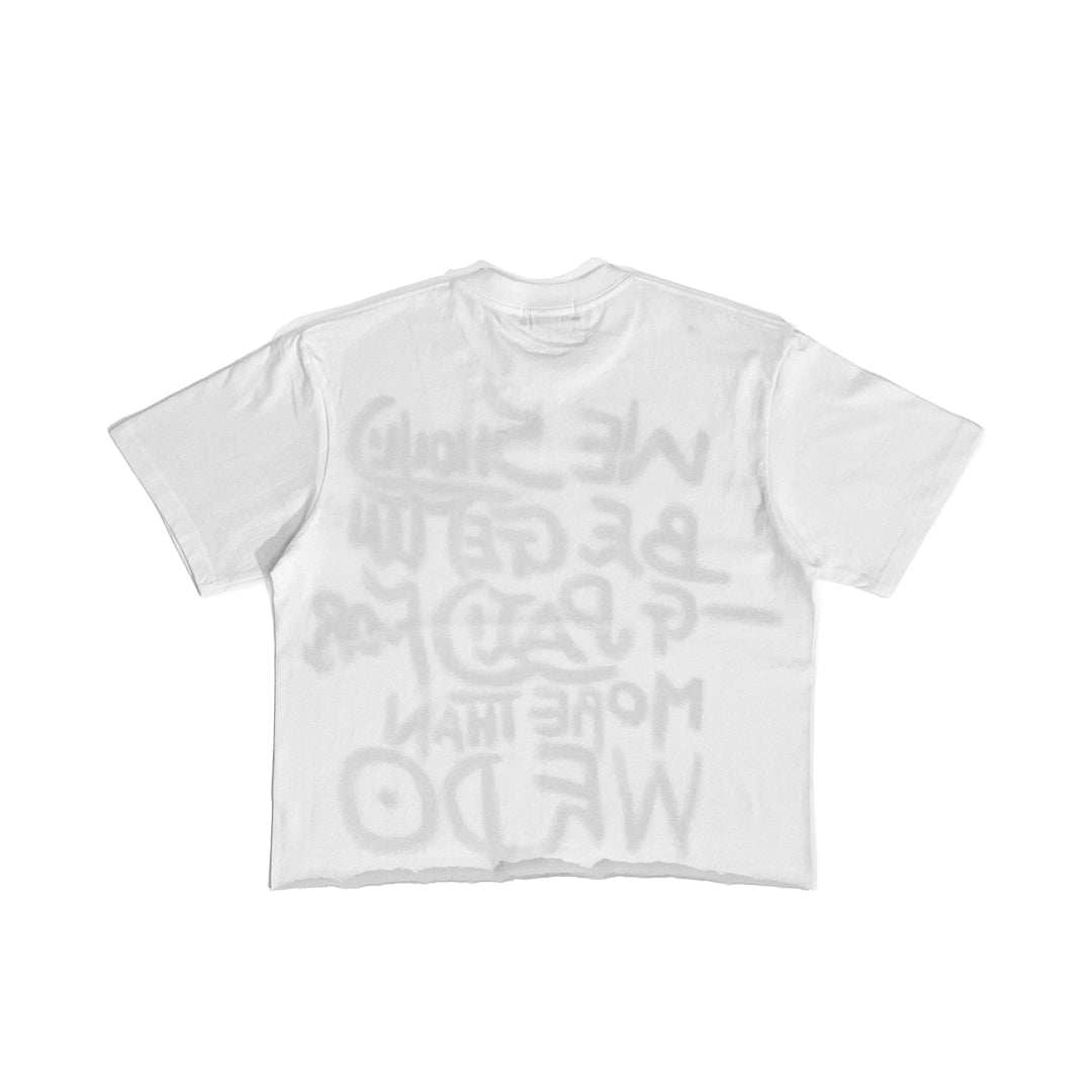 White t-shirt with text design on a white background