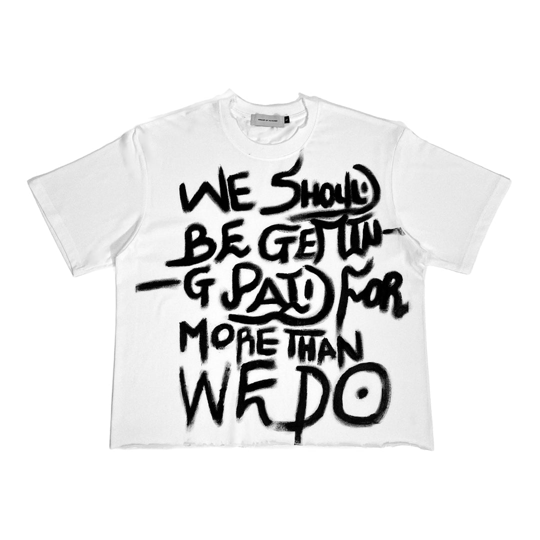 White t-shirt with black text on a white background